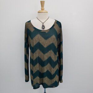 Womens Long Sleeve Chevron Tunic Top Blouse Size L Green Beige High Low Sheer